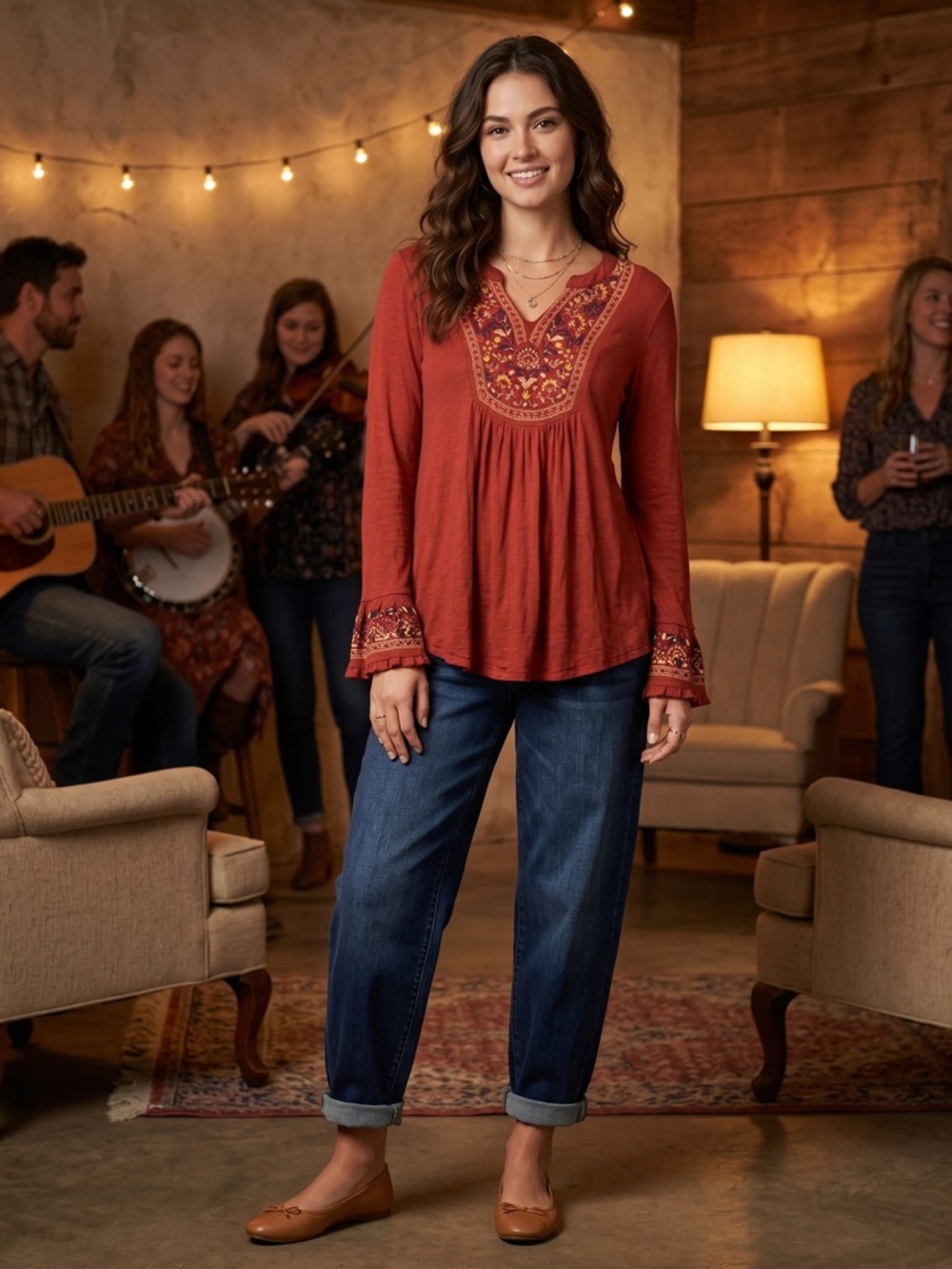 One World Rust Floral Embroidered Boho Festival Flowy Casual Long Sleeve Top